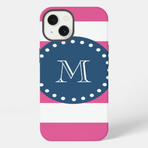 Hot-roze Stripes Patroon, Navy Blue Monogram iPhone 13 Hoesje