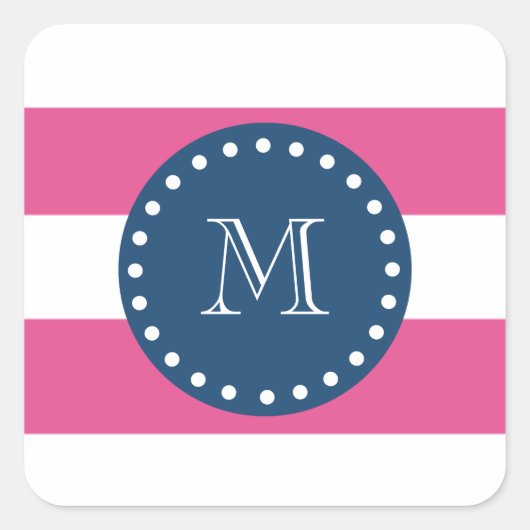 Hot-roze Stripes Patroon, Navy Blue Monogram Vierkante Sticker (Voorkant)