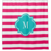 Hot-roze strips met Blauwgroen monogram Douchegordijn (Voorkant)
