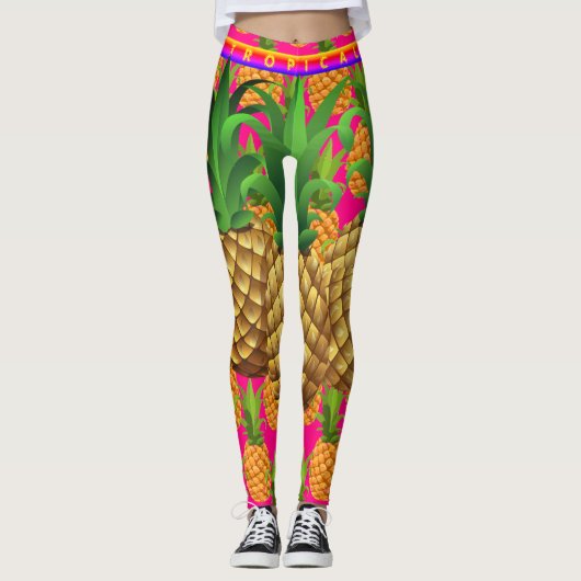Hot-roze tropische anananassische Leggings (Voorkant)