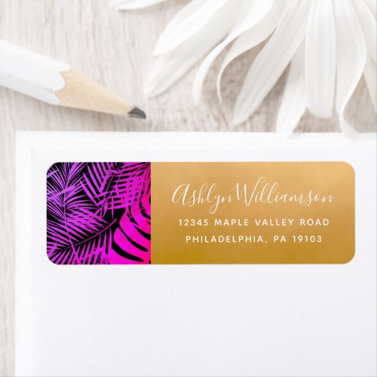 Hot-roze tropische handpalmbladscriptadres goudadr etiket (Insitu)