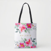 Hot-roze tropische Waterverf Floral Bouquets Naam Tote Bag (Voorkant)