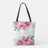 Hot-roze tropische Waterverf Floral Bouquets Naam Tote Bag (Achterkant)