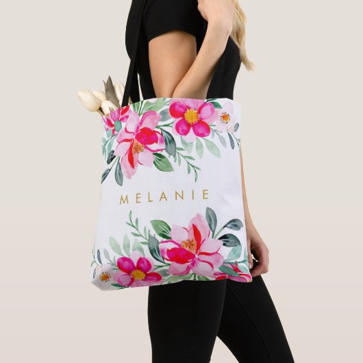 Hot-roze tropische Waterverf Floral Bouquets Naam Tote Bag (Dichtbij)