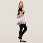 Hot-roze tropische Waterverf Floral Bouquets Naam Tote Bag (Op model)