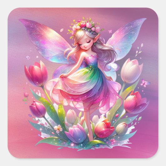 Hot roze tulp fee prinses meisjes vierkante sticker (Voorkant)