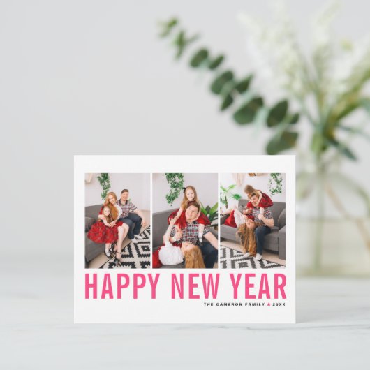 Hot roze typografie fotocollage gelukkig nieuwjaar feestdagenkaart (Staand voorkant)