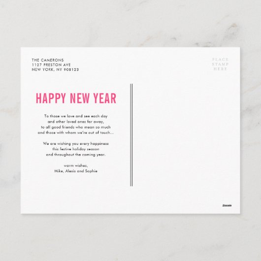 Hot roze typografie fotocollage gelukkig nieuwjaar feestdagenkaart (Achterkant)