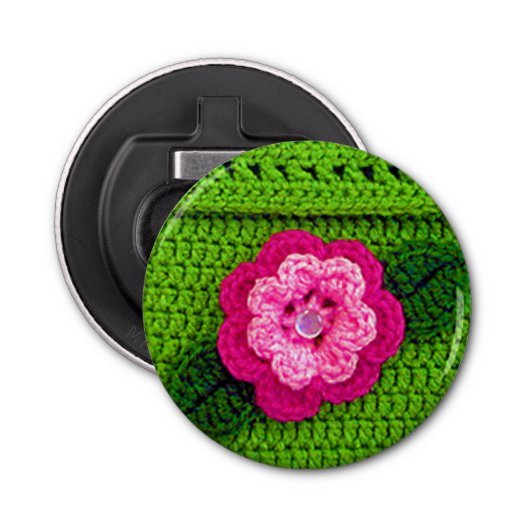 Hot-roze ventilator Natuur Groene unieke haakdruk Button Flesopener (Voorkant)