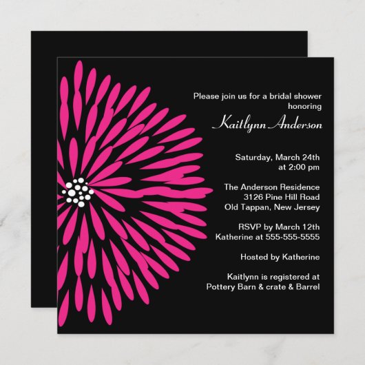 Hot-roze ventilator op Black Bridal Shower-uitnodi Kaart (Voorkant / Achterkant)