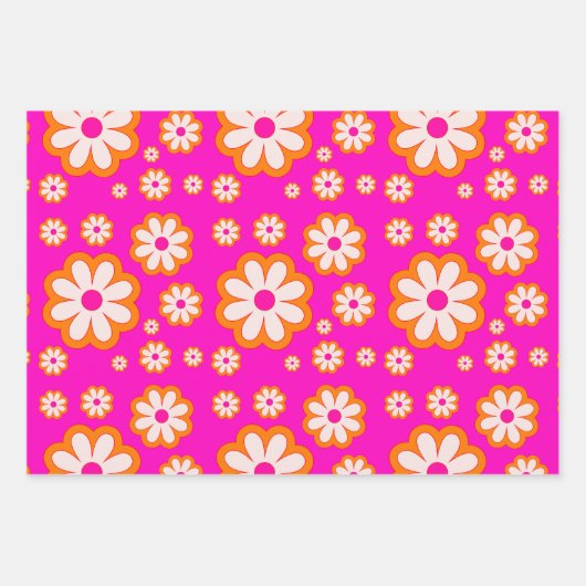 Hot Roze & Verbrand Sinaasappel Daisy Pattern Retr Inpakpapier Vel (Voorkant 2)