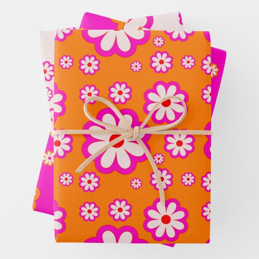 Hot Roze & Verbrand Sinaasappel Daisy Pattern Retr Inpakpapier Vel (In situ)