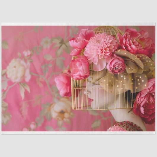 Hot Roze Vogelkooi Pet Bloemen Decoupage Tissuepapier (Voorkant)