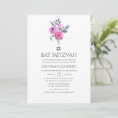 Hot-roze Waterverf Floral Bat Mitzvah Kaart (Staand voorkant)