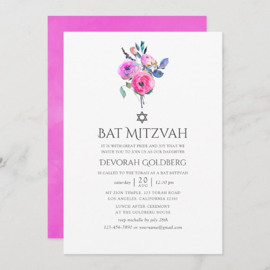 Hot-roze Waterverf Floral Bat Mitzvah Kaart (Voorkant / Achterkant)