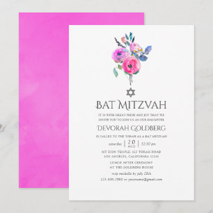 Hot-roze Waterverf Floral Bat Mitzvah Kaart