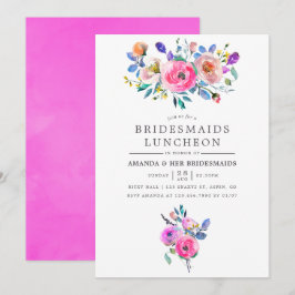 Hot-roze Waterverf Floral Bridesmaids Luncheon Kaart
