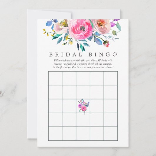 Hot-roze Waterverf Floral Vrijgezellenfeest Bingo Kaart (Voorkant)