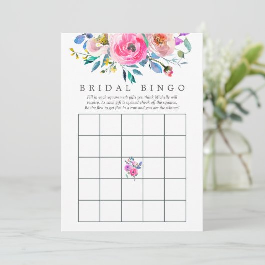 Hot-roze Waterverf Floral Vrijgezellenfeest Bingo Kaart (Staand voorkant)