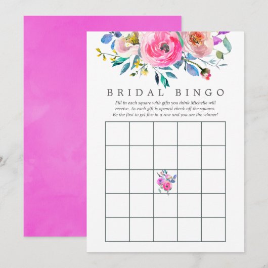 Hot-roze Waterverf Floral Vrijgezellenfeest Bingo Kaart (Voorkant / Achterkant)