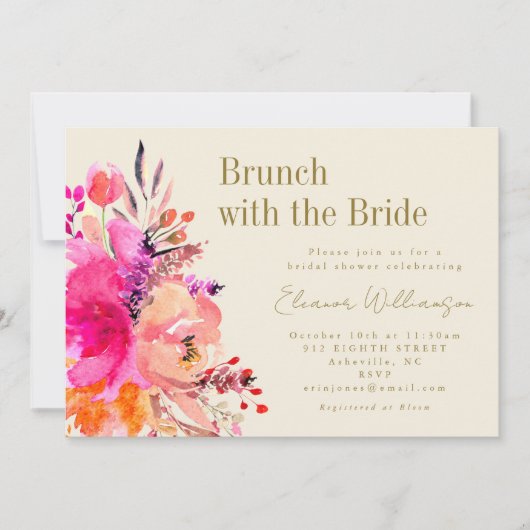 Hot-roze Waterverf Floral Vrijgezellenfeest Brunch Kaart (Voorkant)