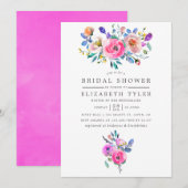 Hot-roze Waterverf Floral Vrijgezellenfeest uitnod Kaart (Voorkant / Achterkant)