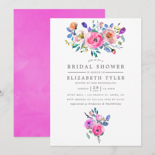 Hot-roze Waterverf Floral Vrijgezellenfeest uitnod Kaart (Voorkant / Achterkant)