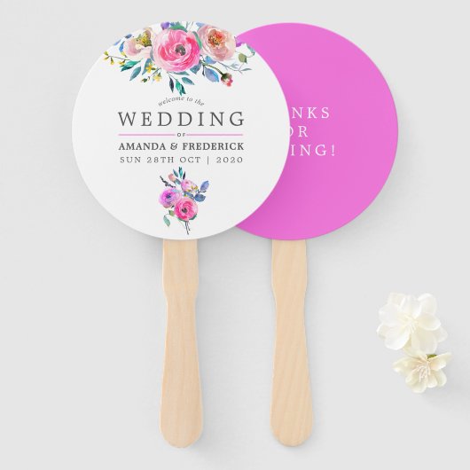 Hot-roze Waterverf Floral Wedding Favor Handwaaier (Voorkant en achterkant)