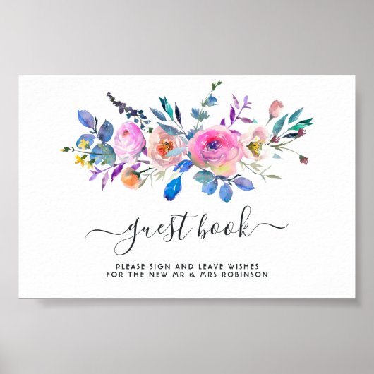 Hot-roze Waterverf Floral Wedding Guest Book Poster (Voorkant)