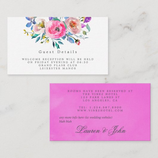 Hot-roze Waterverf Floral Wedding Guest Details E Informatiekaartje (Voorkant / Achterkant)
