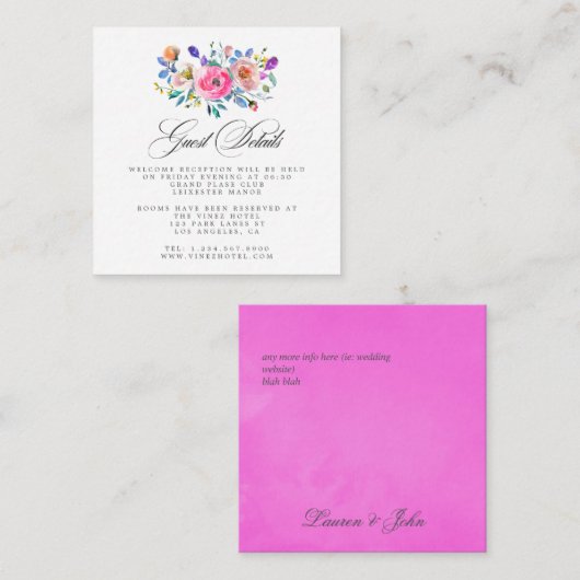 Hot-roze Waterverf Floral Wedding Guest Details E Informatiekaartje (Voorkant / Achterkant)