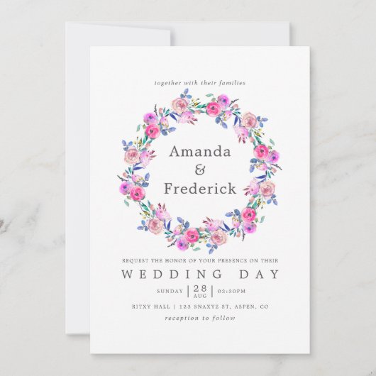 Hot-roze Waterverf Floral Wedding Kaart (Voorkant)