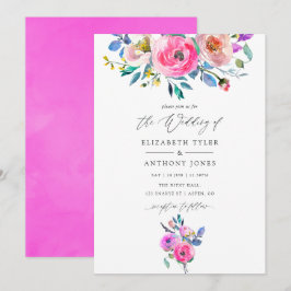 Hot-roze Waterverf Floral Wedding Kaart