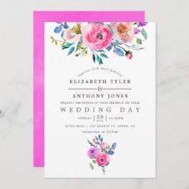 Hot-roze Waterverf Floral Wedding Kaart