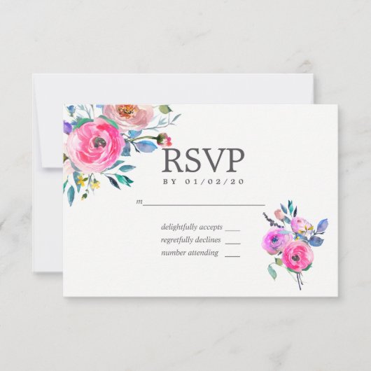 Hot-roze Waterverf Floral Wedding RSVP (Voorkant)
