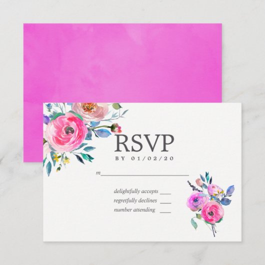 Hot-roze Waterverf Floral Wedding RSVP (Voorkant / Achterkant)
