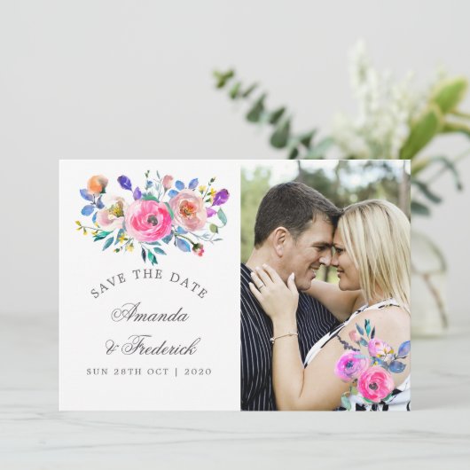 Hot-roze Waterverf Floral Wedding Save the Date (Staand voorkant)