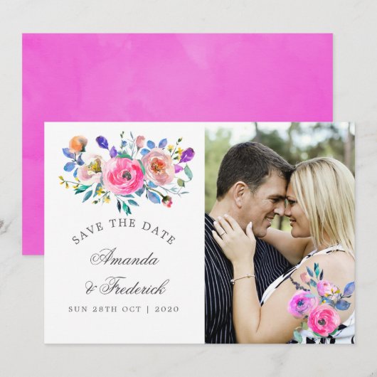 Hot-roze Waterverf Floral Wedding Save the Date (Voorkant / Achterkant)