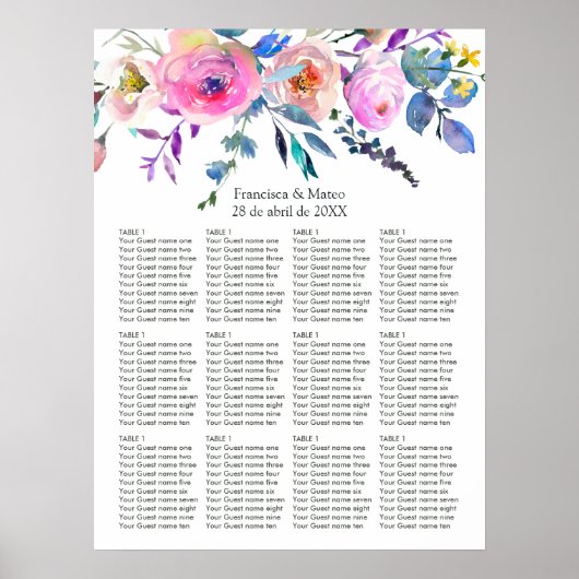 Hot-roze Waterverf Floral Wedding Seating Chart Poster (Voorkant)