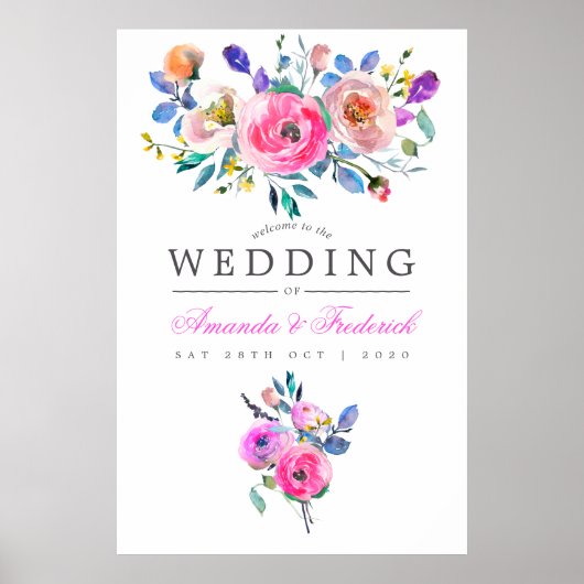 Hot-roze Waterverf Floral Wedding Welkom Poster (Voorkant)