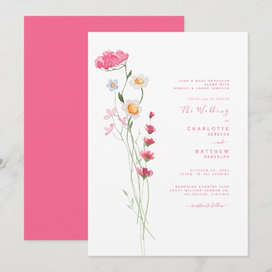 Hot-roze Waterverf Wildflower Modern Weddenschap Kaart (Voorkant / Achterkant)