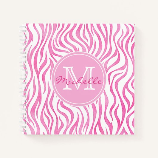 Hot-roze Waterverf Zebra afdrukken | Monogram Notitieboek (Voorkant)