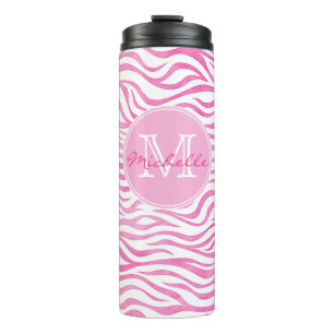 Hot-roze Waterverf Zebra afdrukken   Monogram Thermosbeker