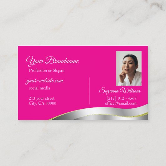 Hot Roze Wavy Zilveren Decor met Photo Classy Visitekaartje (Achterkant)