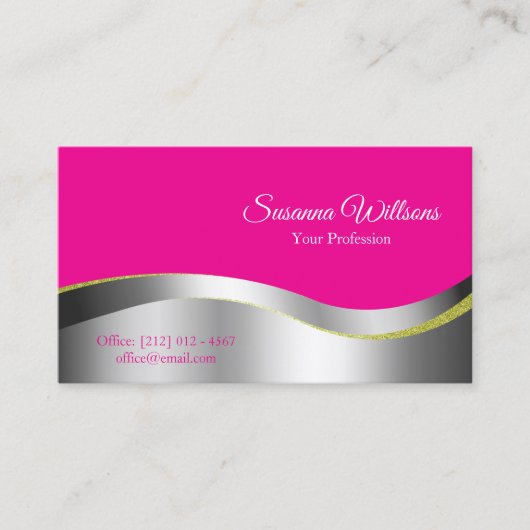 Hot Roze Wavy Zilveren Decor met Photo Classy Visitekaartje (Voorkant)