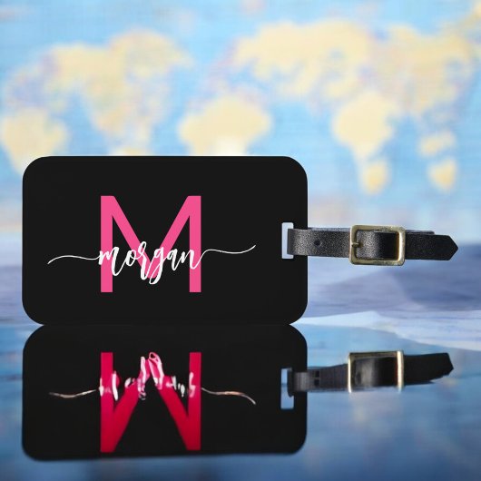 Hot Roze Wereld Zwart Reiziger Monogram Naam Bagagelabel