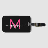 Hot Roze Wereld Zwart Reiziger Monogram Naam Bagagelabel (Voorkant (horizontaal))