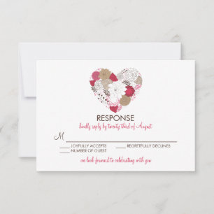 Hot-roze Whimsical Floral Heart Wedding RSVP Kaart
