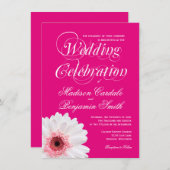 Hot-roze White Daisy Wedding Invitations Kaart (Voorkant / Achterkant)