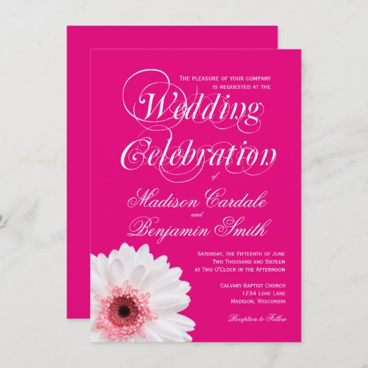 Hot-roze White Daisy Wedding Invitations Kaart (Voorkant / Achterkant)